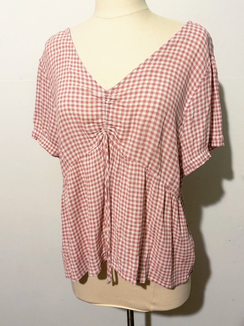 SO Pink Gingham V-Neck Babydoll Top